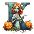 Zombie girl amazing halloween letter K decoration separated on white background.