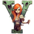 Zombie girl amazing halloween letter Y decoration separated on white background.