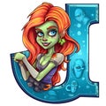 Zombie girl amazing halloween letter J decoration separated on white background.