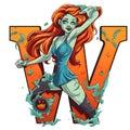 Zombie girl amazing halloween letter W decoration separated on white background.