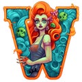 Zombie girl amazing halloween letter W decoration separated on white background.