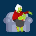 Zombie granny. Grandmother zombi. Grandma revived dead. Green monster old woman