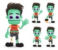 Zombie halloween vector characters set. Scary zombie halloween monster character creature standing.