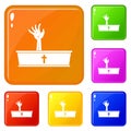 Zombie hand coming out of his coffin icons set vector color