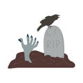 Zombie hand on graveyard with tombstone and crow sitting on it. Creepy scene on cemetery for Halloween event