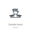 Zombie hand icon. Thin linear zombie hand outline icon isolated on white background from halloween collection. Line vector zombie