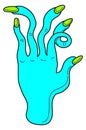 Zombie hand. Neon green sticker. Funny art