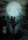 Zombie hand rising from the grave. Graveyard with tombstones and moon. Halloween vertical background. Vector Royalty Free Stock Photo