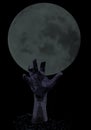 Zombie hand rising out from the ground on the background of the full moon. Element design for Halloween on black background. Royalty Free Stock Photo