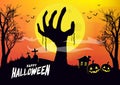 Zombie hand rising out from the ground in full moon night. Happy Halloween concept. Royalty Free Stock Photo