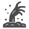 Zombie hand solid icon, Halloween concept, Hand in ground sign on white background, Zombie hand rising out of ground