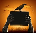 Zombie hands holding sign with blank card as a creepy halloween or scary symbol crow Royalty Free Stock Photo