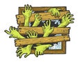 Zombie hands window sketch engraving vector