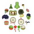 Zombie parts icons set, cartoon style