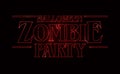 Zombie party text design, Halloween word with Red glow text on black background. 80`s style, eighties design.