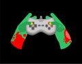 Zombie plays on gamepad. Zombie hands and joystick