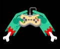 Zombie plays on gamepad. Zombie hands and joystick