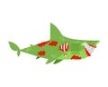 Zombie Shark Isolated. The Sea Predator Is Dead. Green Monster Fish