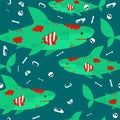 Zombie Shark Pattern Seamless. Sea Predator Is Dead Background. Green Monster Fish Ornament