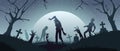 Zombies on graveyard. Cemetery background with scary monsters silhouettes and creepy gravestones. Spooky night landscape Royalty Free Stock Photo
