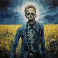 Macabre Army Zombie In Wheat Field: A Dark And Creepy Painting