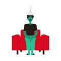 Zombified Man in Tin Foil Hat Sitting on Red Armchair as Manipulation and Hypnosis Vector Illustration