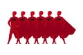 Zombified Standing Man in Row Wearing Red Cloak as Manipulation and Hypnosis Vector Illustration