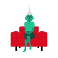Zombified Woman in Tin Foil Hat Sitting on Red Armchair as Manipulation and Hypnosis Vector Illustration
