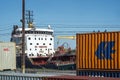 Montreal port scene with boat and containers