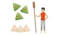 Zongzi as Rice Dumpling Wrapped in Bamboo Leaves for Dragon Boat Festival and Man with Oar Vector Set