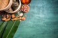 Zongzi, steamed rice dumplings on green table background, food in dragon boat festival duanwu concept, close up, copy space, top