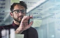 Zoning in on a solution. a young businessman brainstorming with sticky notes on a glass wall in a modern office. Royalty Free Stock Photo