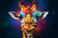 africa neck portrait wildlife colorful animal giraffe sunglasses zoo mammal. Generative AI.