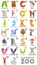 Zoo alphabet. Animal alphabet. Letters from A to Z. Cartoon cute animals isolated on white background