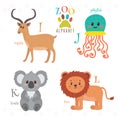 Zoo alphabet with funny cartoon animals. I, j, k, l letters. Imp Royalty Free Stock Photo