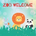 Zoo animal welcome, vector illustration. Funny wildlife background, template poster forest, cute lion, panda and hare