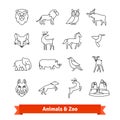 Zoo animals and birds. Thin line art icons set Royalty Free Stock Photo