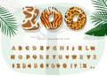 Zoo animals cartoon font. Jaguar, cheetah, tiger, giraffe fur print alphabet. Jungle adventure letters and numbers. For Royalty Free Stock Photo