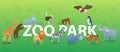 Zoo animals on green background with silhouettes. Animals in different poses. Bear, walrus, hippo, lion, ostrich, zebra Royalty Free Stock Photo