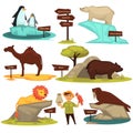 Zoo animals names and map direction wooden signs vector cartoon infographic guide icons set