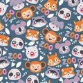 Zoo animals seamless pattern, vector illustration. Cute cartoon characters, smiling faces of raccoon, panda, koala, fox