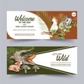 Zoo banner design with crocodile, bird, deer watercolor illustration
