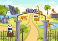 Zoo Cartoon Illustration with Safari Animals Elephant, Giraffe, Lion, Monkey, Panda, Zebra and Visitors on Territory on Forest