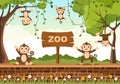 Zoo Cartoon Vector Illustration with Safari Animals Monkey, Cage and Visitors on Territory on Forest Background Design Royalty Free Stock Photo