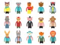 Zoo characters hipsters. Cartoon animals front view game avatars of fox bear dog giraffe owl cat and others vector