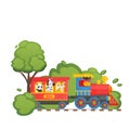 Zoo children train on child railway, panda, tiger, cow, zebra, isolated on white, flat vector illustration. Green forest Royalty Free Stock Photo