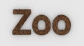 Zoo - 3d word brown on white background. render furry letters. Wild Zoo Animals, animal at safari park. emblem logo design