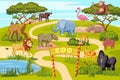 Zoo Entrance Gates Cartoon Poster With Elephant Giraffe Lion Safari Animals And Visitors On Territory Vector