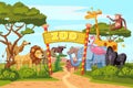 Zoo entrance gates cartoon poster with elephant giraffe lion safari animals and visitors on territory vector Royalty Free Stock Photo