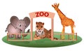 Zoo entrance gates cartoon poster with elephant giraffe and tiger animals isolated on the white background. Flat style. Royalty Free Stock Photo